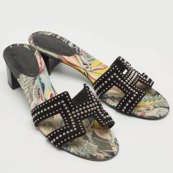Hermes Black Suede Studded Oasis Slide Sandals Size 40