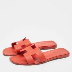 Pre Owned Hermes Red Leather Oran Flat Sandals Size 39