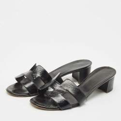 Pre Owned Hermes Black Patent Leather Oasis Slide Sandals Size 36.5