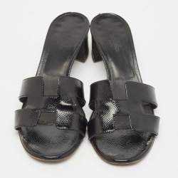 Pre Owned Hermes Black Patent Leather Oasis Slide Sandals Size 36.5