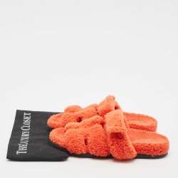 مملوكة مسبقًا Hermes Orange Shearling Chypre Flat Slides Size 39