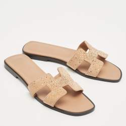 Pre Owned Hermes Beige Suede Oran Crystals Flat Slides Size 38