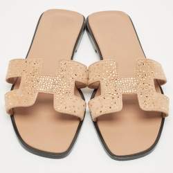 Pre Owned Hermes Beige Suede Oran Crystals Flat Slides Size 38