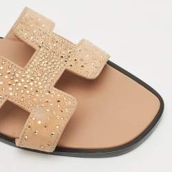 Pre Owned Hermes Beige Suede Oran Crystals Flat Slides Size 38
