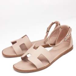 Hermes Pink Leather Santorini Flat Sandals Size 37