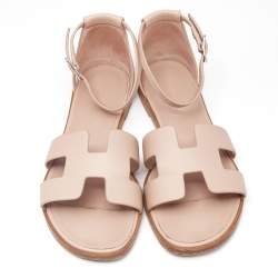 Hermes Pink Leather Santorini Flat Sandals Size 37