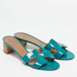 Hermes Green Patent Leather Oasis Slide Sandals Size 40
