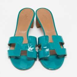 Hermes Green Patent Leather Oasis Slide Sandals Size 40