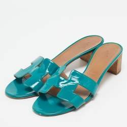 Hermes Green Patent Leather Oasis Slide Sandals Size 40
