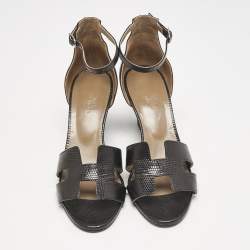 Hermes Black Lizard Legend Wedge Sandals Size 39