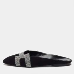  Hermes Black/Silver Suede and Crystal Roxane Flat Mules Size 36.5