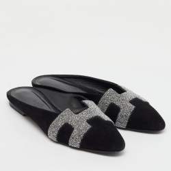  Hermes Black/Silver Suede and Crystal Roxane Flat Mules Size 36.5