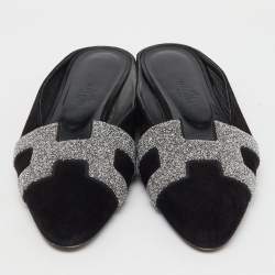  Hermes Black/Silver Suede and Crystal Roxane Flat Mules Size 36.5