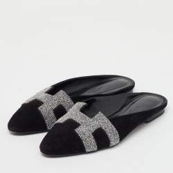  Hermes Black/Silver Suede and Crystal Roxane Flat Mules Size 36.5