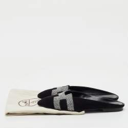  Hermes Black/Silver Suede and Crystal Roxane Flat Mules Size 36.5