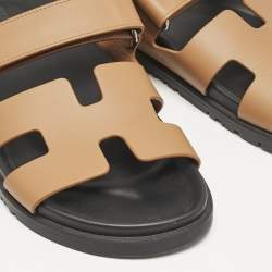 Pre Owned Hermes Brown Leather Chypre Flat Sandals Size 38.5