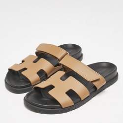 Pre Owned Hermes Brown Leather Chypre Flat Sandals Size 38.5