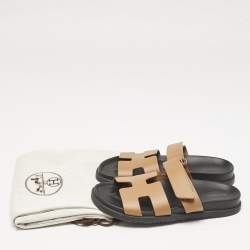 Pre Owned Hermes Brown Leather Chypre Flat Sandals Size 38.5