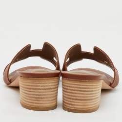 Pre Owned Hermes Brown Leather Oasis Block Heel Slide Sandals Size 38
