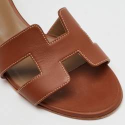 Pre Owned Hermes Brown Leather Oasis Block Heel Slide Sandals Size 38