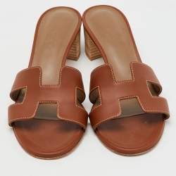 Pre Owned Hermes Brown Leather Oasis Block Heel Slide Sandals Size 38
