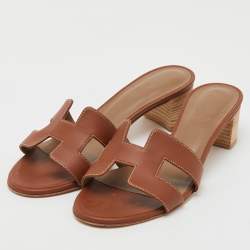 Pre Owned Hermes Brown Leather Oasis Block Heel Slide Sandals Size 38