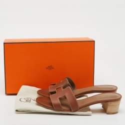 Pre Owned Hermes Brown Leather Oasis Block Heel Slide Sandals Size 38