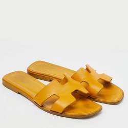 Hermes Yellow Leather Oran Flat Slide Sandals Size 37.5