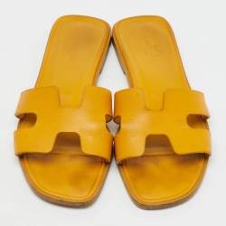 Hermes Yellow Leather Oran Flat Slide Sandals Size 37.5