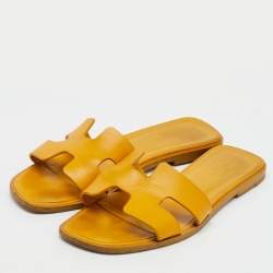 Hermes Yellow Leather Oran Flat Slide Sandals Size 37.5