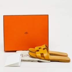 Hermes Yellow Leather Oran Flat Slide Sandals Size 37.5