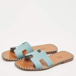 Pre Owned Hermes Blue Leather Oran Flat Slide Sandals Size 37