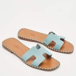 Pre Owned Hermes Blue Leather Oran Flat Slide Sandals Size 37