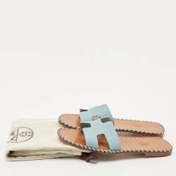 Pre Owned Hermes Blue Leather Oran Flat Slide Sandals Size 37