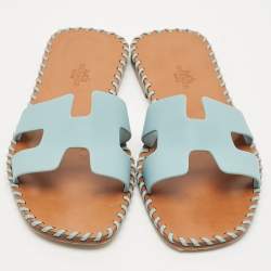 Pre Owned Hermes Blue Leather Oran Flat Slide Sandals Size 37