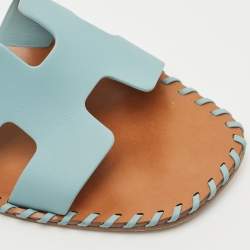 Pre Owned Hermes Blue Leather Oran Flat Slide Sandals Size 37