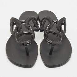 Pre Owned Hermes Black Rubber Egerie Flat Thong Sandals Size 37
