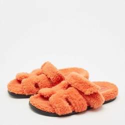 Hermes Orange Shearling Fur Chypre Flat Slide Sandals Size 39