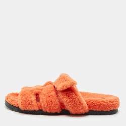 Hermes Orange Shearling Fur Chypre Flat Slide Sandals Size 39