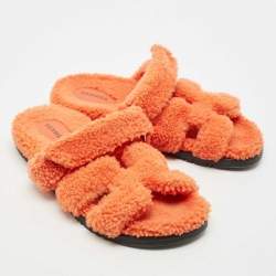 Hermes Orange Shearling Fur Chypre Flat Slide Sandals Size 39