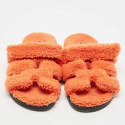 Hermes Orange Shearling Fur Chypre Flat Slide Sandals Size 39