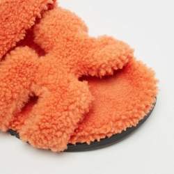 Hermes Orange Shearling Fur Chypre Flat Slide Sandals Size 39