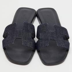 Hermes Blue Denim Oran Flat Slides Size 37.5