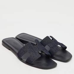 Hermes Blue Denim Oran Flat Slides Size 37.5