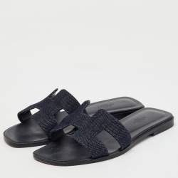 Hermes Blue Denim Oran Flat Slides Size 37.5