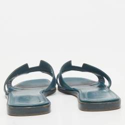 Pre Owned Hermes Teal Leather Oran Flat Slides Size 39.5