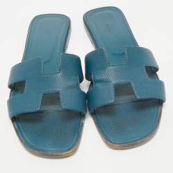 Pre Owned Hermes Teal Leather Oran Flat Slides Size 39.5