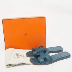 Pre Owned Hermes Teal Leather Oran Flat Slides Size 39.5