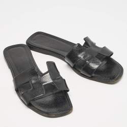 Hermes Black Patent Leather Oran Flat Slides Size 39.5