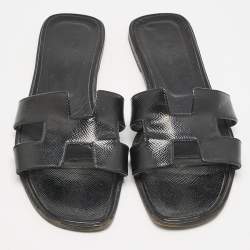 Hermes Black Patent Leather Oran Flat Slides Size 39.5